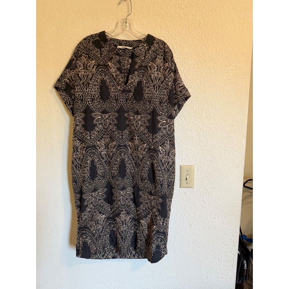 0039 Italy Women Embroidered Paisley Shift Dress Black Gold Short Sleeve Large